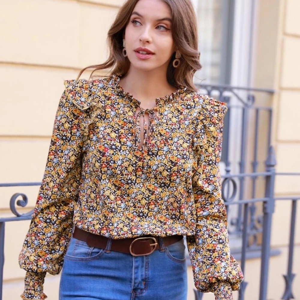 Tan Brown Blouse with Ruffled Mandarin Collar and Bishop Sleeves